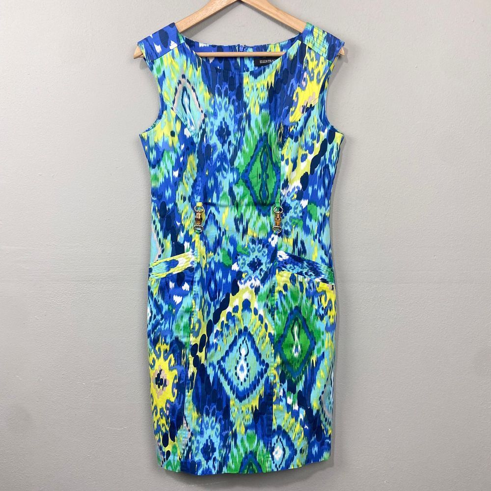 Ellen Tracy Watercolor Print Sheath Dress Size 10 Jewel Tone Ikat Bamboo Career
